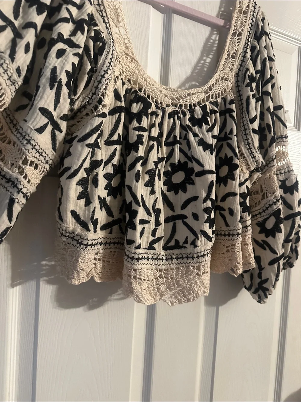 Free People Cream Top with Black Floral Embroidery